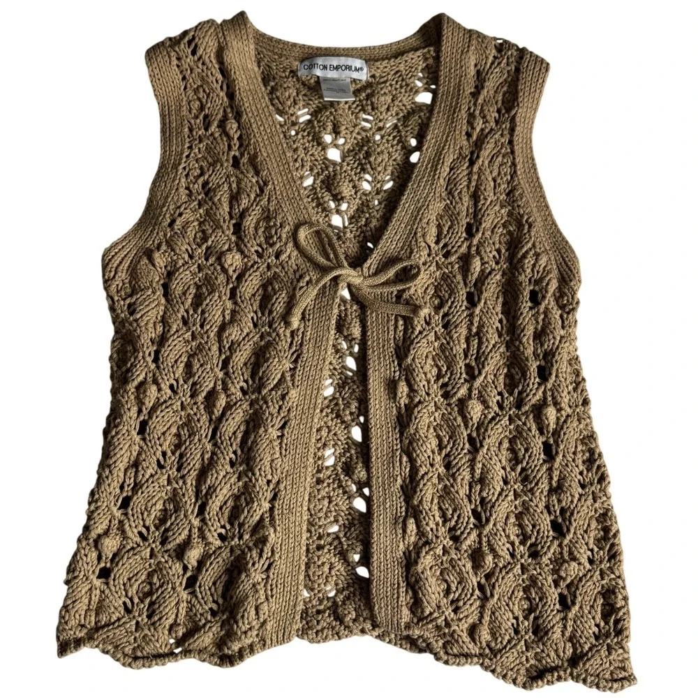 Cotton Emporium Tan Crochet‎ Knit Tie Front Vest Boho Sleeveless Cardigan Medium